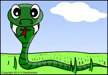 A cartoon snake of dubious origin grinning foolishly at the camera