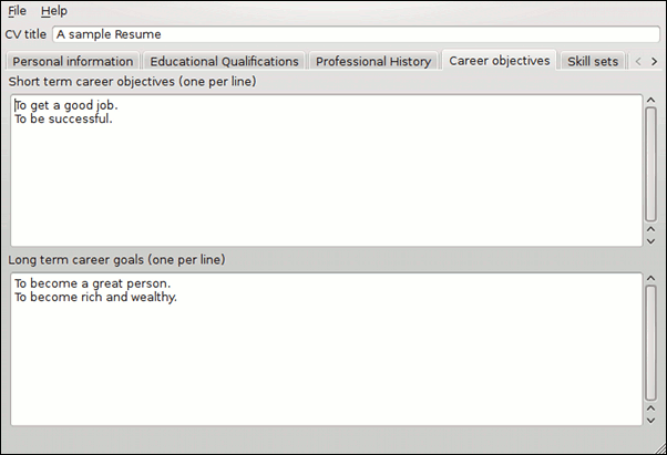 Career objectives tab