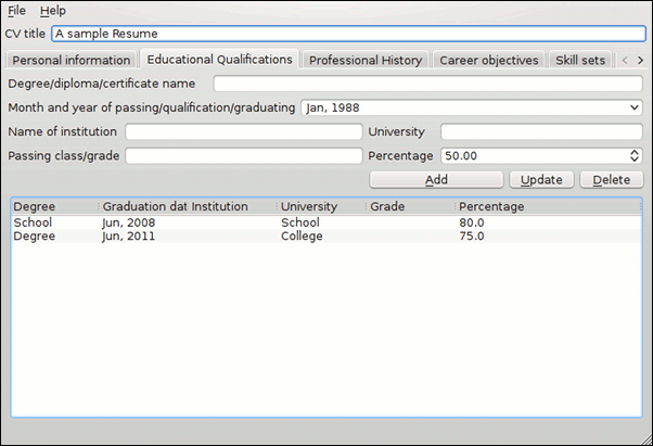 Educational qualifications tab